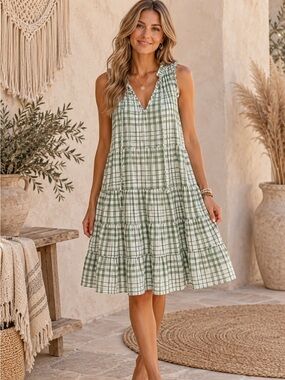 Max Studio Green Gingham Tiered Dress